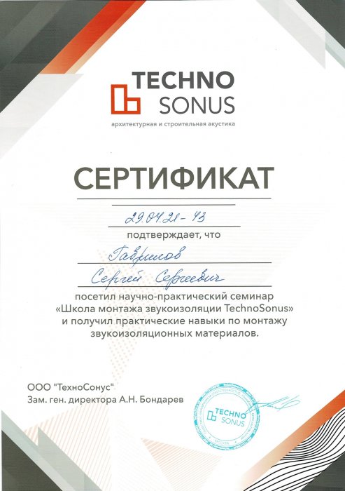 Сертификат TECHNO SONUS